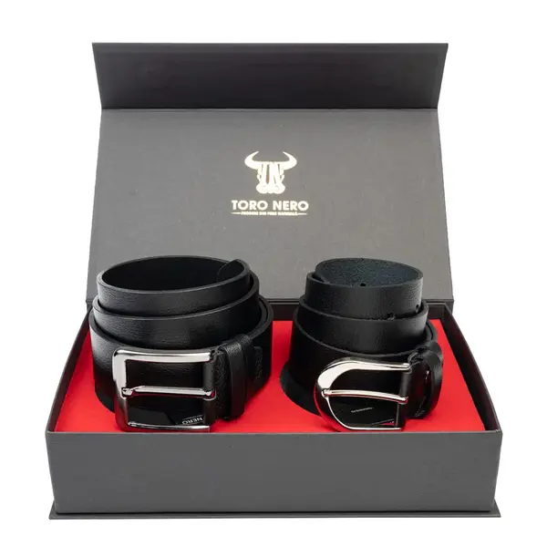 Set cadou din piele naturala curea femei+curea barbati negru Thick-Modern Night - 105 cm / 105 cm