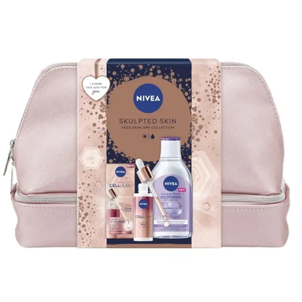 Set Cadou Femei Nivea Sculpted Skin, Ser Fata Cellular Expert Lift 50 ml, Apa Micelara Ten Sensibil 400 ml si Geanta