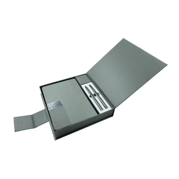 Set cadou Office Cover cu stilou, pix si agenda A5, metalic grafit cu striatii, in cutie cadou