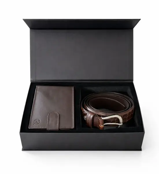 Set cadou pentru barbati, Portofel + Curea, piele naturala, model elegant, SET30, Maro