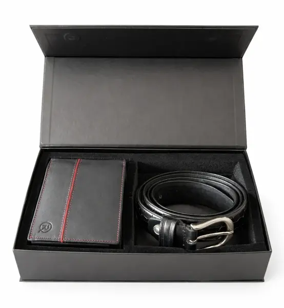 Set cadou pentru barbati, Portofel + Curea, piele naturala, model elegant, SET29, Negru