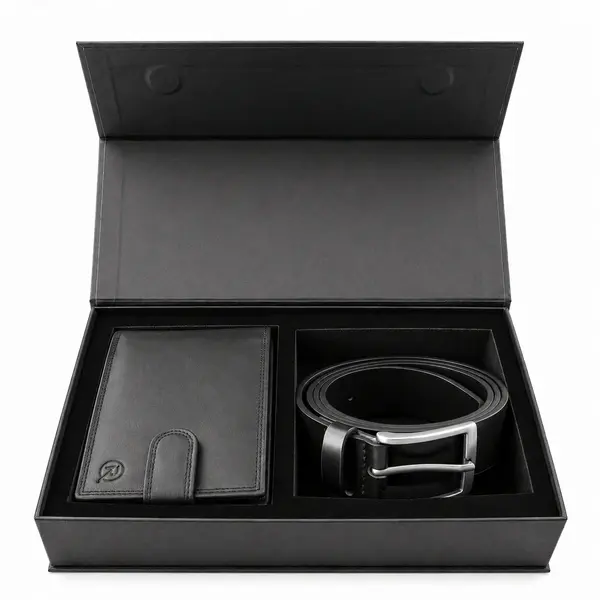 Set cadou pentru barbati, Portofel + Curea, piele naturala, model elegant, SET40, Negru