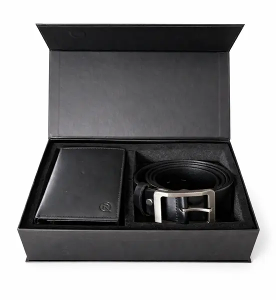 Set cadou pentru barbati, Portofel + Curea, piele naturala, model elegant, SET33, Negru/Negru