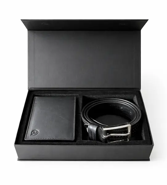 Set cadou pentru barbati, Portofel + Curea, piele naturala, model elegant, SET31, Negru