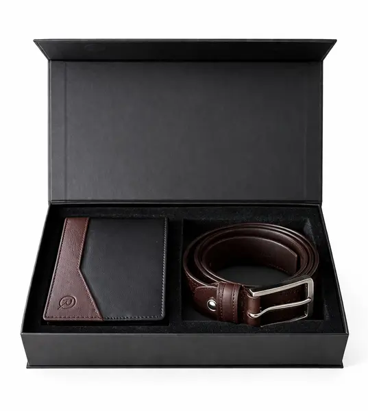 Set cadou pentru barbati, Portofel + Curea, piele naturala, model elegant, SET32, Maro/Negru