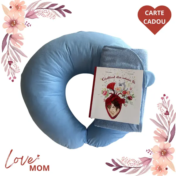 Set Cadou pentru Gravide LOVE MOM TWINDECO perna alaptare Albastră + prosop BebeHug BONUS CARTE CADOU