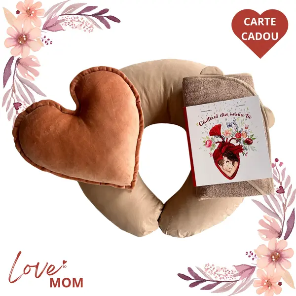 Set Cadou pentru Gravide LOVE MOM TWINDECO perna alaptare Bej + prosop BebeHug + Pernă Inimă Catifea BONUS CARTE CADOU