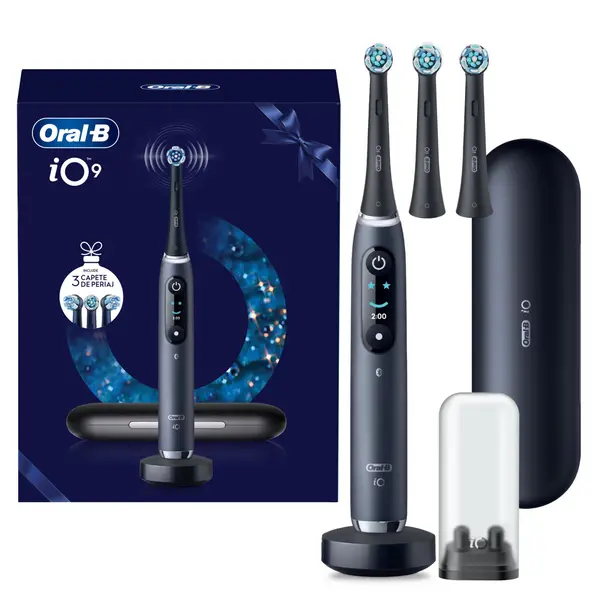Set cadou periuta de dinti electrica Oral-B iO9 + 2 capete de periaj cu Tehnologie Magnetica si Micro-Vibratii, Inteligenta artificiala, Display led,