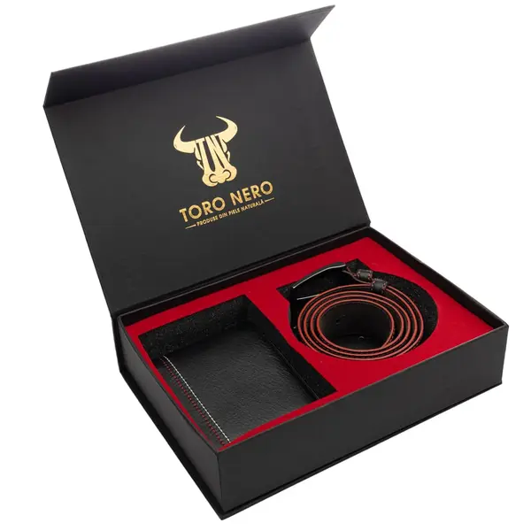 Set cadou portofel + curea din piele pentru barbati negru Red Line - 110 cm