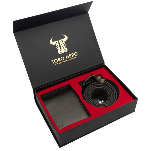 Set cadou portofel + curea din piele pentru barbati verde Muselles - 110 cm