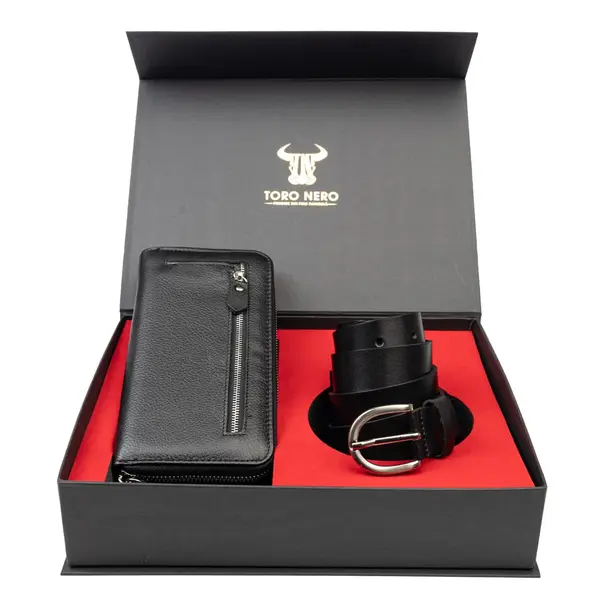 Set cadou portofel + curea din piele pentru femei negru Arya-Middle - 105 cm