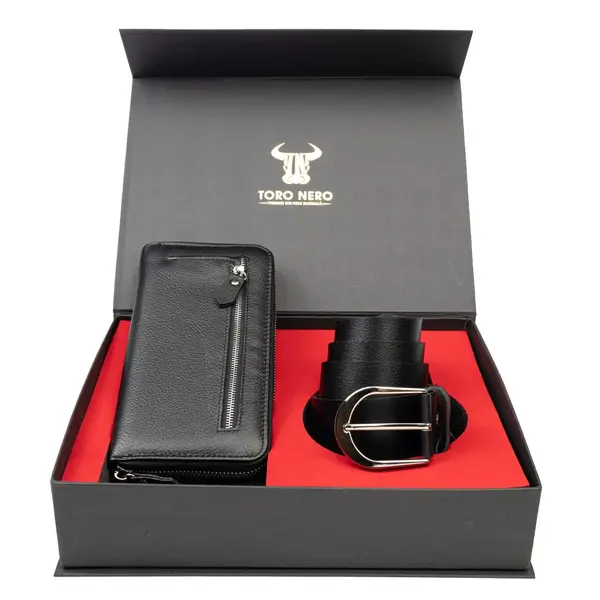 Set cadou portofel + curea din piele pentru femei negru Arya-Thick - 105 cm