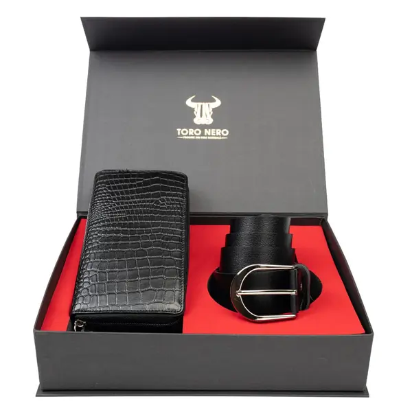 Set cadou portofel + curea din piele pentru femei negru Gia-Thick - 105 cm