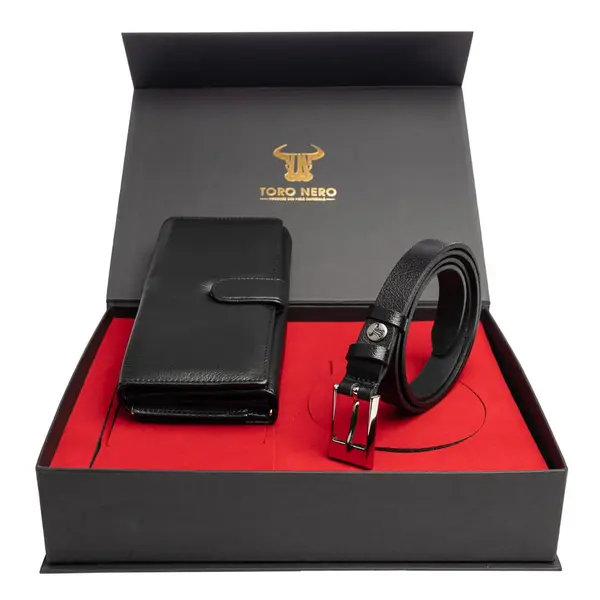 Set cadou portofel + curea din piele pentru femei negru Reset-Slim - 105 cm