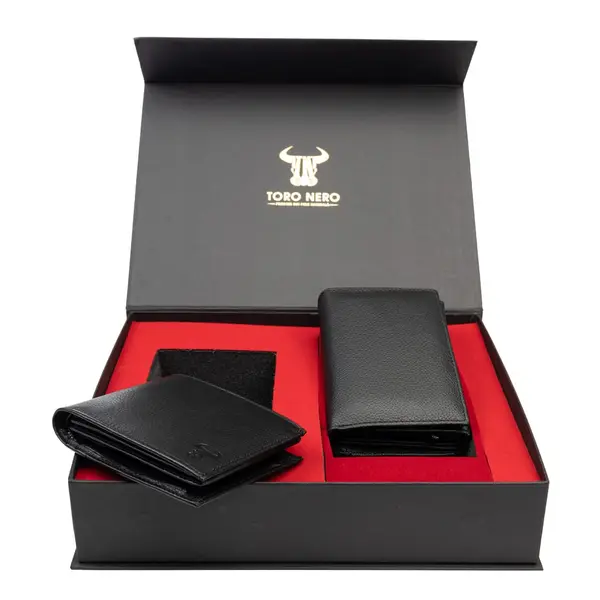 Set cadou portofel femei+ portofel barbati din piele naturala negru Little-Muselles