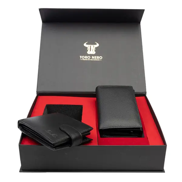 Set cadou portofel femei+ portofel barbati din piele naturala negru Little-Viki