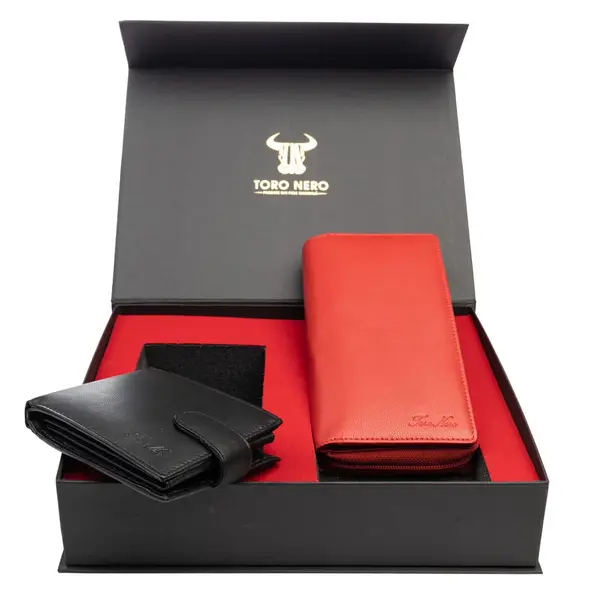 Set cadou portofel femei+ portofel barbati din piele naturala rosu Gina-Viki