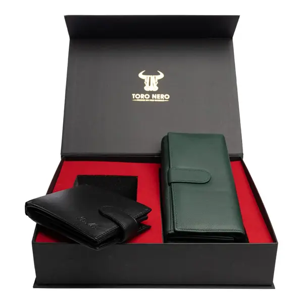 Set cadou portofel femei+ portofel barbati din piele naturala negru-verde Reset-Viki