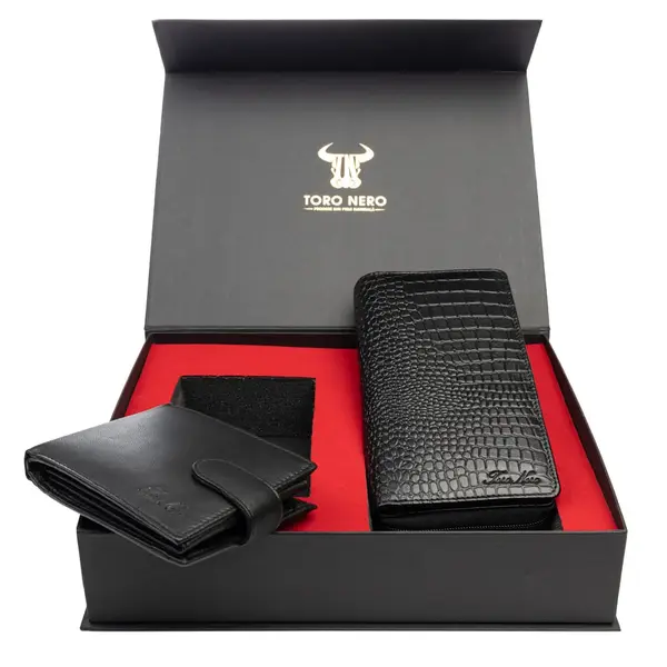 Set cadou portofel femei+ portofel barbati din piele naturala negru Gia-Viki
