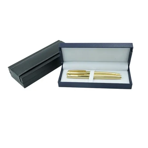 Set cadou stilou si pix Office Cover, metalic, auriu cu striatii, in cutie bleumarin