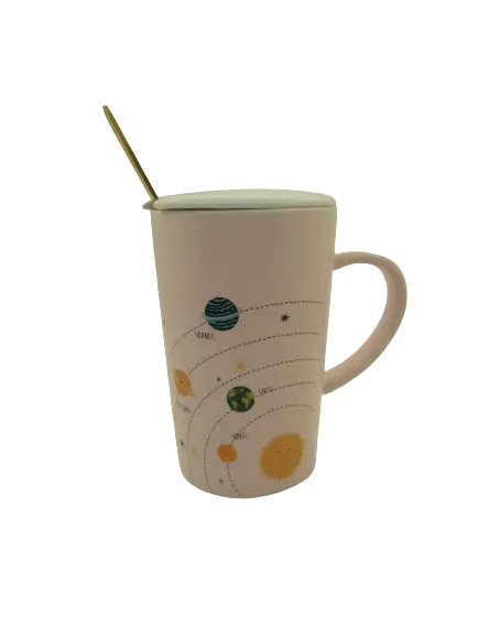 Set cana cu capac si lingurita, Design Planete, Multicolor, 300 ml, Ceramica