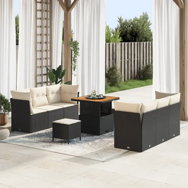 Set canapea de 9 piese Gossi cu perne, rattan poli negru, acacia, set de dining de gradina de 3 piese Gossi cu perne, rattan poli negru, acacia