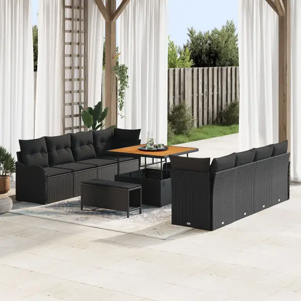 Set canapea de gradina cu 11 piese si perne - poliratan negru acacia, canapea de gradina cu 2 locuri si spatiu de depozitare cu perne - poliratan negru, set dining de gradina cu 3 piese si perne - poliratan negru acacia