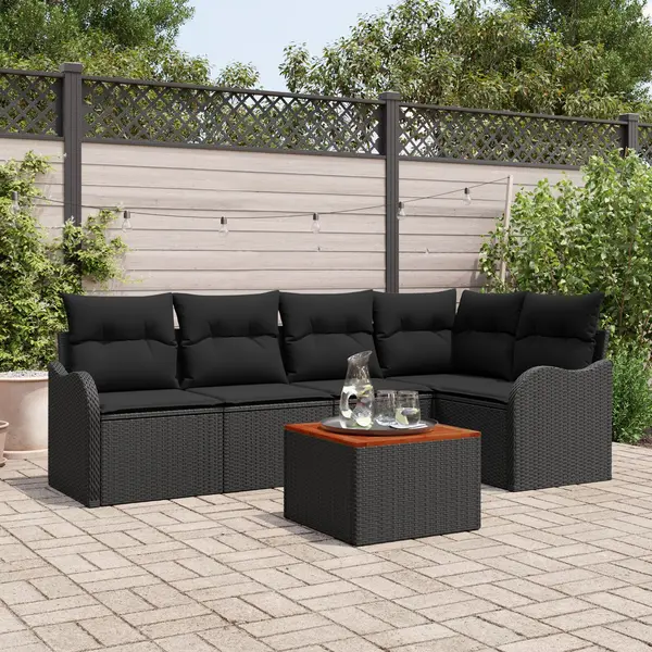 Set canapea de gradina de 6 piese cu perne negru ratan polimeric acacia, canapea de gradina pentru 2 persoane cu perne negru ratan polimeric