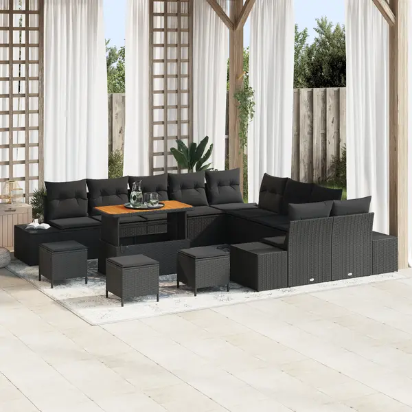 Set canapea de gradina Gossi cu 14 piese si perne negru poliratan acacia, canapea de gradina Gossi cu 2 locuri si perne negru poliratan, set de dining de gradina Gossi cu 4 piese si perne negru poliratan acacia