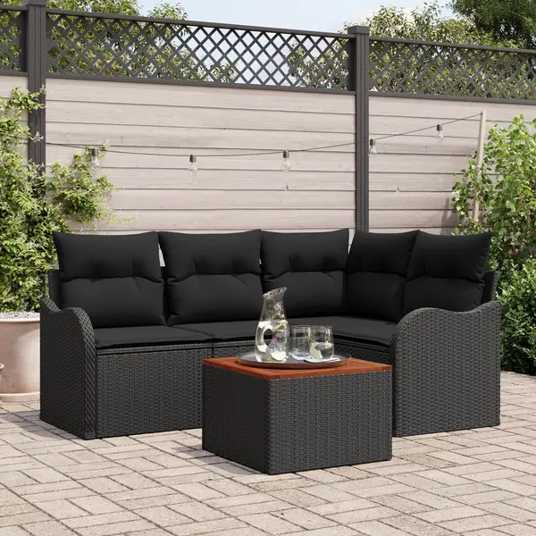 Set canapea de gradina Gossi cu 5 piese si perne ratan poli negru acacia, canapea de gradina Gossi cu 2 locuri si perne ratan poli negru