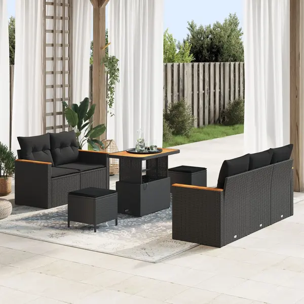 Set canapea de gradina Gossi cu perne negru poliratan acacia, set de dining de gradina Gossi cu perne negru poliratan acacia