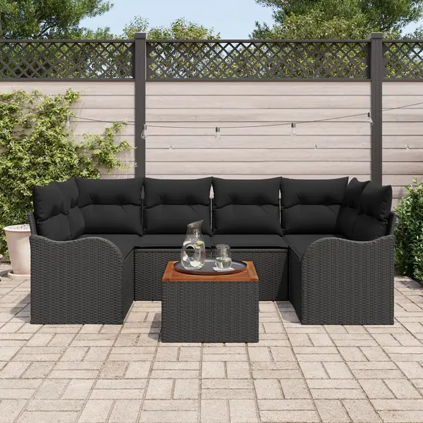 Set canapea de gradina Gossi de 7 piese cu perne negru ratan poli acacia, canapea de gradina Gossi pentru doua persoane cu depozitare & perne negru ratan poli