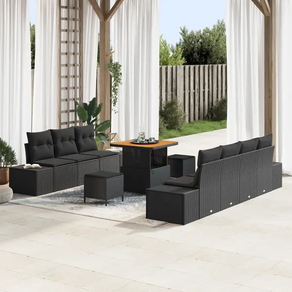 Set canapea gradina 10 piese cu perna negru poli ratan acacia, canapea gradina 2 locuri cu perna negru poli ratan, set masa gradina cu 3 piese si perna negru poli ratan acacia