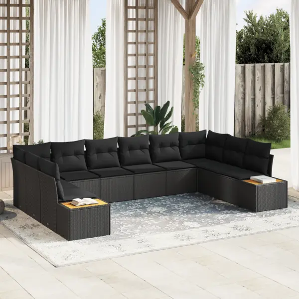 Set canapea gradina 10 piese cu perne negru poliratan acacia, canapea gradina pentru 2 persoane cu spatiu de depozitare si perne negru poliratan