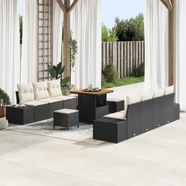 Set canapea gradina 10 piese cu perne negru poliratan acacia, canapea gradina 2 locuri cu perne negru poliratan, set dining gradina 3 piese cu perne negru poliratan acacia