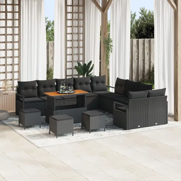 Set canapea gradina 13 piese cu perne, negru, poliratan, acacia, canapea gradina 2 locuri cu spatiu depozitare, neagra, poliratan, set dining gradina 3 piese cu perne, negru, poliratan, acacia