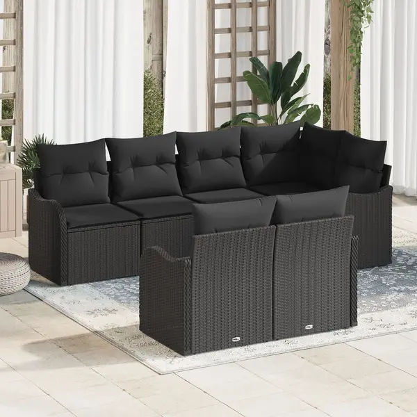 Set canapea gradina 7 piese cu pernite negru poliratan, canapea gradina cu 2 locuri cu spatiu de depozitare & pernite negru poliratan