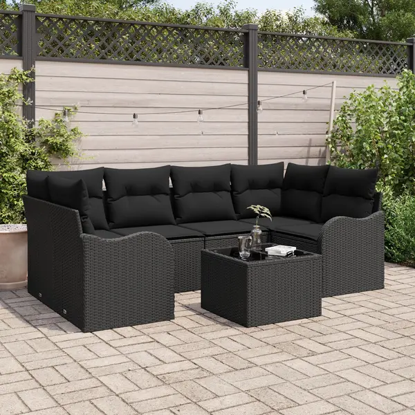 Set canapea gradina 7 piese cu pernite ratan poliratan negru, canapea gradina 2 locuri cu pernite ratan poliratan negru