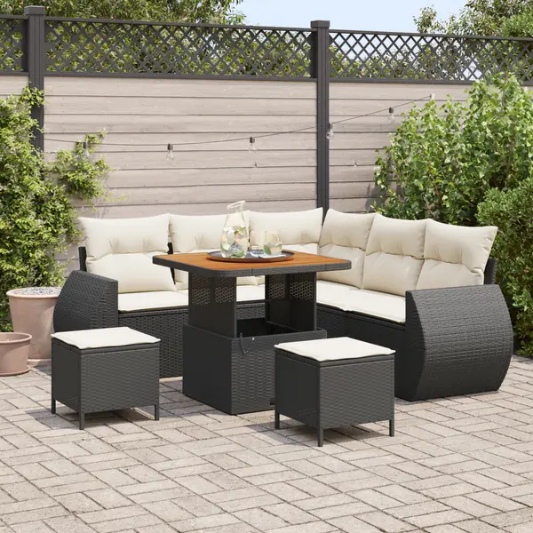 Set canapea gradina 8 piese cu perne negru ratan polimeric acacia, set dining gradina 3 piese cu perne negru ratan polimeric acacia