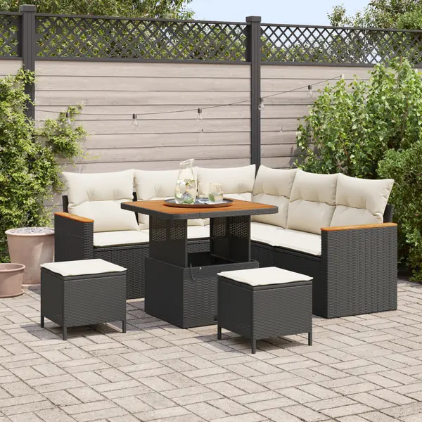 Set canapea gradina 8 piese cu pernute negru ratan polimeric acacia, set masa gradina 3 piese cu pernute negru ratan polimeric acacia