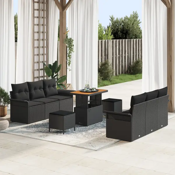 Set canapea gradina 9 piese cu perne ratan negru acacia, canapea gradina 2 locuri cu perne ratan negru, set de dining gradina 3 piese cu perne ratan negru acacia