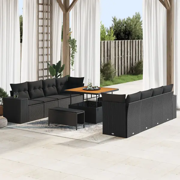 Set canapea gradina cu 11 piese si perne ratan poli negru acacia, set de dining gradina cu 3 piese si perne ratan poli negru acacia