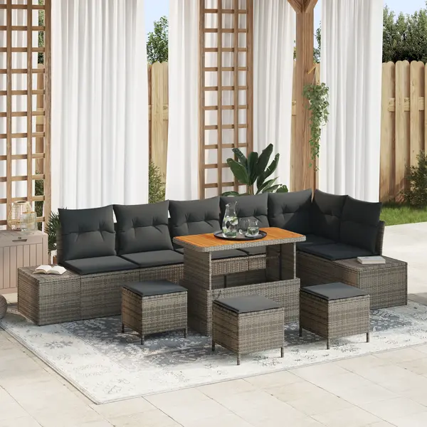Set canapea gradina Gossi 10 piese cu perne gri din ratan acacia, canapea gradina Gossi 2 locuri cu perne gri din ratan, set dining gradina Gossi 4 piese cu perne gri din ratan acacia