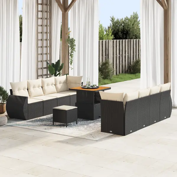 Set canapea gradina Gossi 11 piese cu perne ratan poliratan negru acacia, set dining gradina Gossi 3 piese cu perne ratan poliratan negru acacia