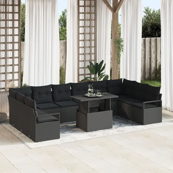 Set canapea gradina Gossi 11 piese cu pernute negru ratan poli, canapea gradina Gossi cu doua locuri cu spatiu de depozitare & pernute negru ratan poli