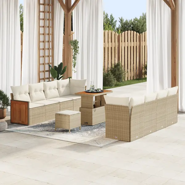 Set canapea gradina Gossi 11 piese si perne bej poliratan acacia, set canapea gradina Gossi 2 locuri si perne bej poliratan, set dining gradina Gossi 3 piese si perne bej poliratan