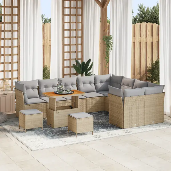 Set canapea gradina Gossi 12 piese cu perne bej din ratan poliester acacia, set dining gradina Gossi 3 piese cu perne bej din ratan poliester acacia