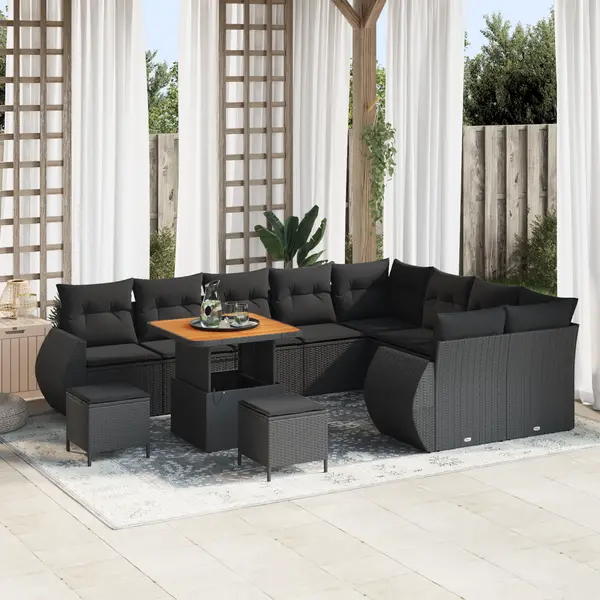 Set canapea gradina Gossi 12 piese perne negru poliratan acacia, set mese gradina Gossi 3 piese perne negru poliratan acacia