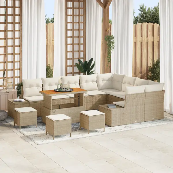 Set canapea gradina Gossi 13 piese cu perne bej poli ratan acacia, set dining gradina Gossi 4 piese cu perne bej poli ratan acacia, canapea gradina Gossi 2 piese cu perne bej poli ratan