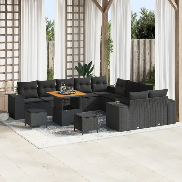 Set canapea gradina Gossi 13 piese cu perne negre din poliratan si acacia, set dining gradina Gossi 3 piese si perne negre din poliratan si acacia